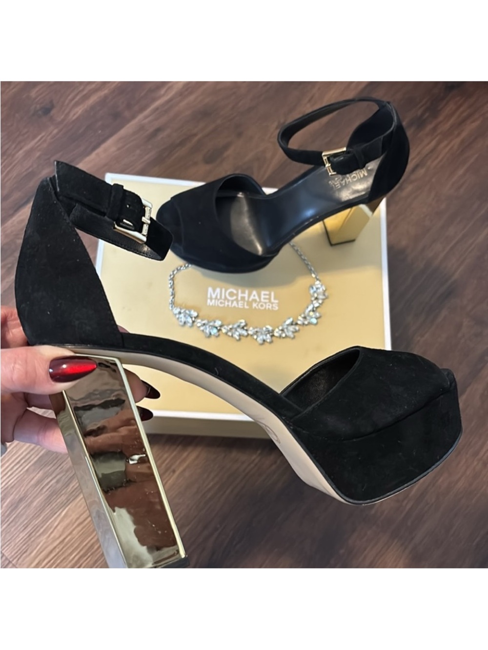 Michael Kors Black Suede Platform Sandals with Gold 3D Heel